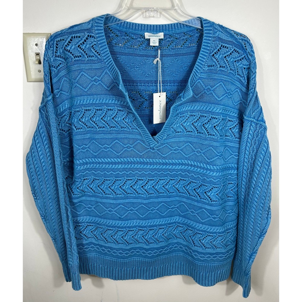 Sundance Sweater Women XL Blue Rita Easy Pointelle Cable Knit Coastal Chic NEW